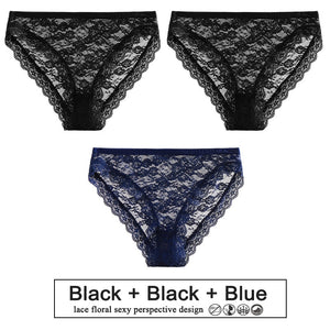 3PCS/Set Perspective Panties Sexy Women Underwear Floral Lace Panties Female Lingerie Briefs for Woman Intimate Pantys Plus Size