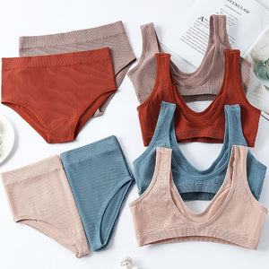 Sexy Wireless Underwear Set Women Bra Suit Seamless Padded Bra&amp;briefs Set Striped Solid Color Bra Panties 2Pcs