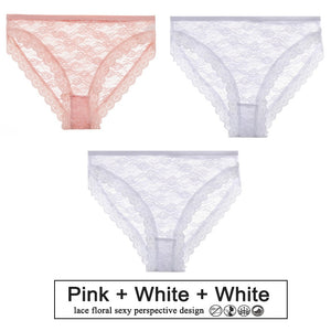 3PCS/Set Perspective Panties Sexy Women Underwear Floral Lace Panties Female Lingerie Briefs for Woman Intimate Pantys Plus Size