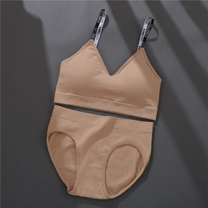 M-2XL Padded Bra Set Women Seamless Underwear Set Deep V Tops Briefs Sexy Letter Strap Crop Top Female Lingerie Suit New