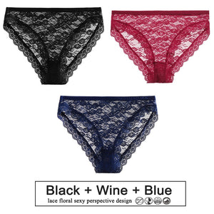 3PCS/Set Perspective Panties Sexy Women Underwear Floral Lace Panties Female Lingerie Briefs for Woman Intimate Pantys Plus Size