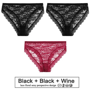 3PCS/Set Perspective Panties Sexy Women Underwear Floral Lace Panties Female Lingerie Briefs for Woman Intimate Pantys Plus Size