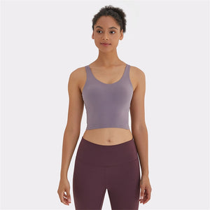 Hot Popular Nude Skin-friendly Tight Fitness Women Sports Bra Gym Yoga Vest Crop Top Removable Chest Pad Vneck Moisture Wicking