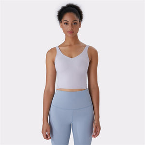 Hot Popular Nude Skin-friendly Tight Fitness Women Sports Bra Gym Yoga Vest Crop Top Removable Chest Pad Vneck Moisture Wicking