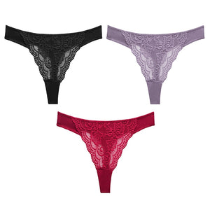 3PC Sexy Lace G String Women&#39;s Thong Low-Waist Female Underpant Hollow Out Breathable Cotton Seamless G-String Underwear M-XL