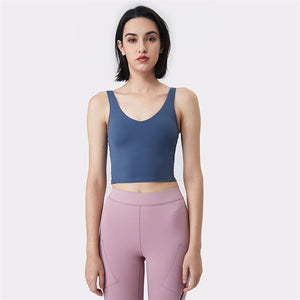 Hot Popular Nude Skin-friendly Tight Fitness Women Sports Bra Gym Yoga Vest Crop Top Removable Chest Pad Vneck Moisture Wicking