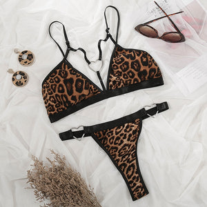 Women Sexy Erotic Lingerie Porn Bra G-String Set See Through Lace Temptation Sleepwear Love Heart Leopard Print Underwear Set