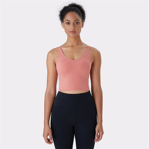 Hot Popular Nude Skin-friendly Tight Fitness Women Sports Bra Gym Yoga Vest Crop Top Removable Chest Pad Vneck Moisture Wicking