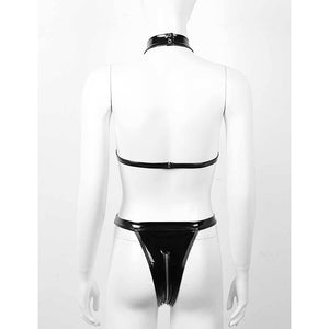 Sexy Lingerie Mesh Leather Zipper Open Crotch One-Piece Bikini Mesh Perspective Slim Choker Underwear Erotic Women&#39;s Bodysuit