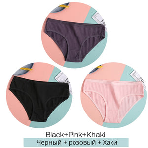 Women&#39;s Cotton Panties 3Pcs Soft Striped Women Underpants Solid Girls Briefs Sexy Female Lingerie M-XL Comfort Underwear