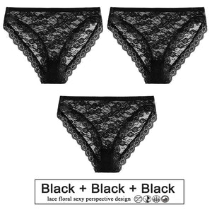 3PCS/Set Perspective Panties Sexy Women Underwear Floral Lace Panties Female Lingerie Briefs for Woman Intimate Pantys Plus Size