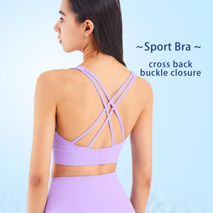 Women Sports Bra Cross Back Buckle Closure  Vest Nylon Soft Comfortable Breathable Fitness Exercise Yoga Top