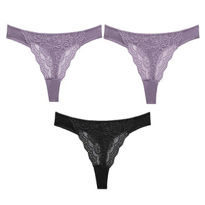 3PC Sexy Lace G String Women&#39;s Thong Low-Waist Female Underpant Hollow Out Breathable Cotton Seamless G-String Underwear M-XL
