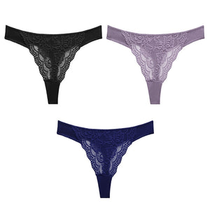 3PC Sexy Lace G String Women&#39;s Thong Low-Waist Female Underpant Hollow Out Breathable Cotton Seamless G-String Underwear M-XL