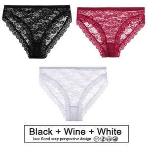 3PCS/Set Perspective Panties Sexy Women Underwear Floral Lace Panties Female Lingerie Briefs for Woman Intimate Pantys Plus Size