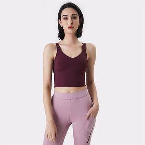 Hot Popular Nude Skin-friendly Tight Fitness Women Sports Bra Gym Yoga Vest Crop Top Removable Chest Pad Vneck Moisture Wicking