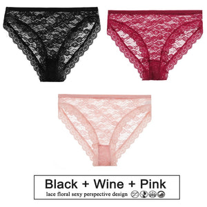 3PCS/Set Perspective Panties Sexy Women Underwear Floral Lace Panties Female Lingerie Briefs for Woman Intimate Pantys Plus Size