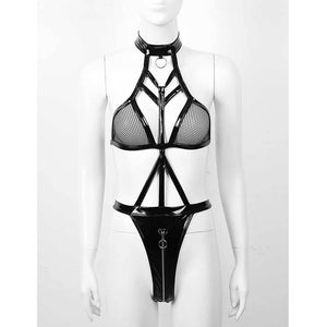 Sexy Lingerie Mesh Leather Zipper Open Crotch One-Piece Bikini Mesh Perspective Slim Choker Underwear Erotic Women&#39;s Bodysuit