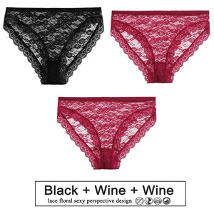 3PCS/Set Perspective Panties Sexy Women Underwear Floral Lace Panties Female Lingerie Briefs for Woman Intimate Pantys Plus Size