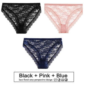 3PCS/Set Perspective Panties Sexy Women Underwear Floral Lace Panties Female Lingerie Briefs for Woman Intimate Pantys Plus Size