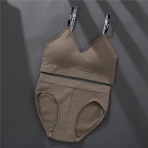 M-2XL Padded Bra Set Women Seamless Underwear Set Deep V Tops Briefs Sexy Letter Strap Crop Top Female Lingerie Suit New