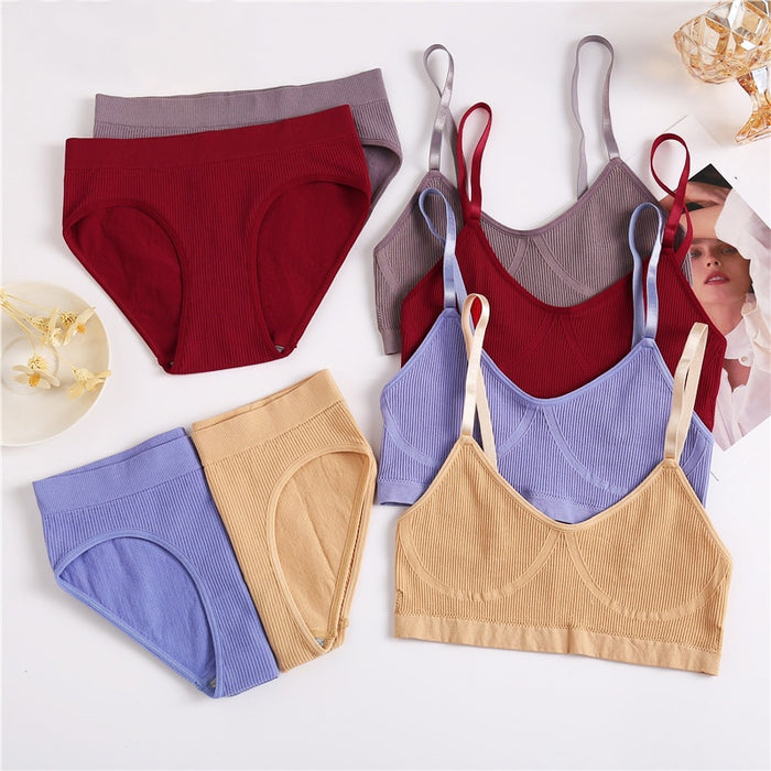 2PCS/Set Women Seamless Bra Panties Set Sexy Stretch Sport Bra Thong Briefs Style Panty Bralette Crop Top Intimates Lingerie Set