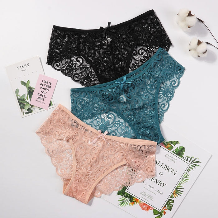 3pcs/Pack! Sexy Women Lace Panties Underwear Lace  Briefs S M L XL Transparent  Floral Bow Soft Lingerie