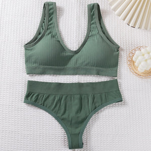 ATHVOTAR V-Neck Sport Bra Set Seamless Women Underwear Set Padded Bra Sleeveless Top Sexy Female Panties